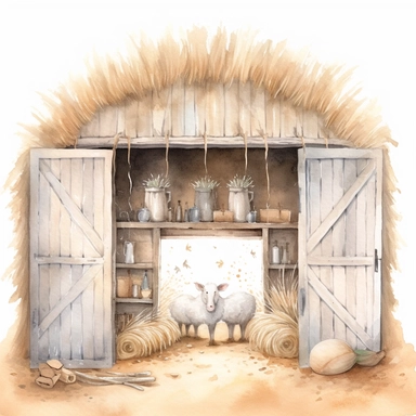 A watercolor painting inside a cute old open barn with hay and straw the doors are open in Bethlehem, Christmas, cute detailed digital art, inspired by nicoletta ceccoli, by Kubisi art, whimsical and cute, by nicoletta ceccoli, cute detailed artwork, glimmering, adorable and whimsical, whimsical art, Clipart style, png style, svg style, blank white background, a solid white background