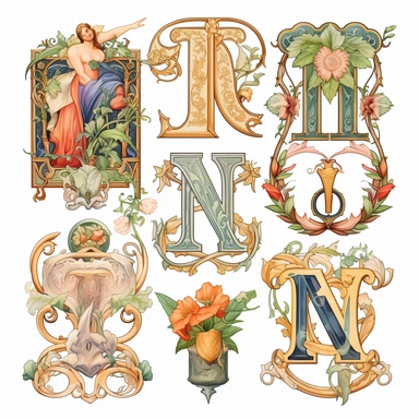 Art Nouveau illuminated initials Clipart Bundle Full English Alphabet Mystical Illustration Fantasy Novel Clipart Magic PNG File Download