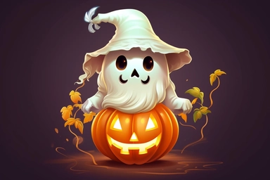 Cute ghost. Happy halloween ghosts characters, spooky expression creature. Funny scary magic demon with pumpkin, mystery creative nowaday vector clipart, realistic, full frame, very detailed