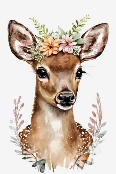 cute deer face, flower on head, Flower front body bunny, Watercolor Clipart, Wall art Style, white background