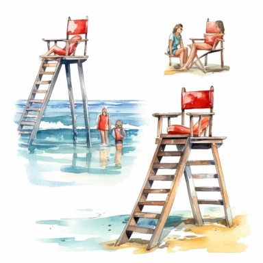 watercolor beach lifeguard on highchair with binocolurs in hand looking in the ocean , illustrations clipart set, simple, , cartoon elements ,different variants , separate elements with a margin, wooden and plastic elements elemets ,4k, high resolution