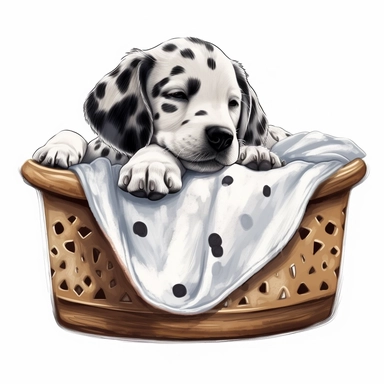 cute puppy dalmatian taking a nap in a laundry basket clipart no background