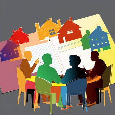 a community writes a neighborhood plan together, many hands on the planning document. each person is a different bright primary color in a clipart style.