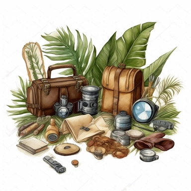 drawn in Pixar style, a compass, explorer hats, binoculars, tent, jungle leaves, clipart on white background — seed 3190578399