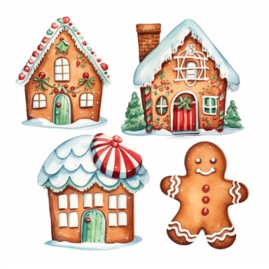 christmas theme clip art, white background, vibrant colours, watercolour, gingerbread cookies