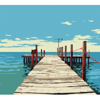 clipart picture of a dock, shore of beach, white background, clean lines and edges