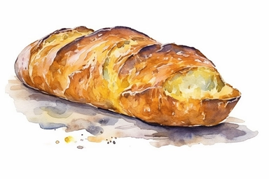 french bread watercolor, clipart, isolated on white background, spaced out