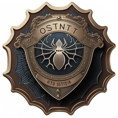 a round badge, facing front, with serrated edges, for OSINT investigators, with a nameplate and a stylized spider web:, clipart