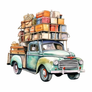 pick up truck loaded with car parts watercolor clipart