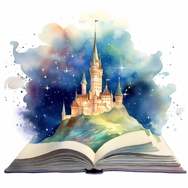 Clipart, watercolor, white background: A fantasy book with a castle silhouetted against a backdrop of stars, capturing the enchanting and fantastical settings of the story