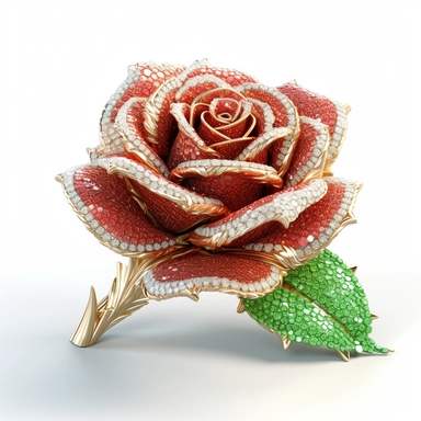 clipart of a realistic rendering of a red rose made out of pure diamond and emerald on a white background, in the style of extremely detailed, mineral, expensive, 8k