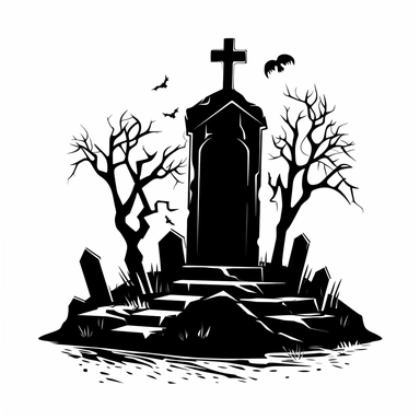 Black and white silhouette of a terrifying cartoon halloween gravestone, clipart style, white background, thick lines, vector, simple design, flat colour, solid colour, halloweencore