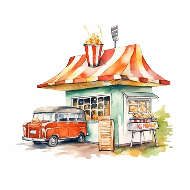 A nostalgic drive-in theater snack bar with popcorn, nachos, and soda, clipart, watercolor, white background, american style