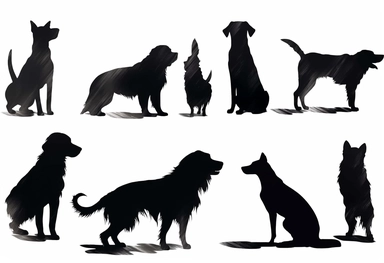 black dog silhouettes cliparts on white background, in the style of françoise basset, mary beale, animated gifs, petcore, boris kustodiev