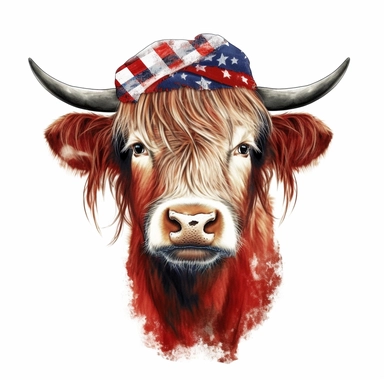 Patriotic Long Haired Calf PNG with red, white & blue Bandana hairband , Highland cow face clipart, Western, farm cow clipart, Fall sublimation, red, white & blue headband, white background, very detailled, very realistic