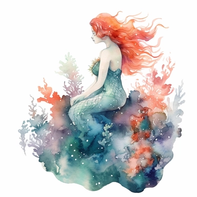 Mermaid sitting on a coral reef, white background, watercolor clipart.