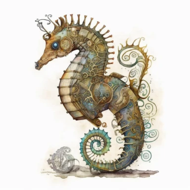 steampunk seahorse, clipart, watercolor style, white background, steampunk,