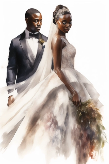 amazing detailed watercolor clipart of a beautiful black woman bride with a beautifully detailed couture dress and a long veil and a handsome black groom, solid white background, cinematic light lighting, hyper-detailed, 8k, high resolution, symmetrical, bodyshot photograph, insanely detailed and intricate, beautiful, elegant, watercolor, cinematic