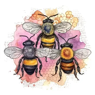 mixed media bumble bees, clip art, cute, spring, card making, intricate, delicate, flowers