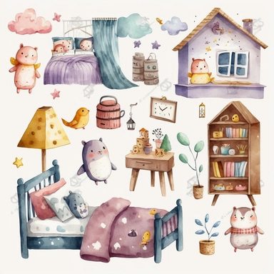 watercolor cartoon children bedroom, clipart, flat watercolor style, popular on etsy, featured on dribble, watercolor illustration clipart, watercolour clipart, watercolor illlustration for kids and children, book illustration, print on demand image, PNG tranparent background
