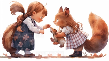 squirrel and Acorn, Little girl exploring, illustration for book, children's book, 2 clipart, fiorucci angels, beautiful decoupage paper, pastel colors, white background clipartm, fantasy art, squirrel ears, perfect eyes, detailed body, Watercolor Clipart, strybk, full Illustration, 4k, sharp focus, watercolor, smooth soft skin, symmetrical, soft lighting, detailed face, concept art, watercolor style, strybk, children's style fairy tales, chibi kawaii, Octane rendering, 3d. Perfect face, detaile