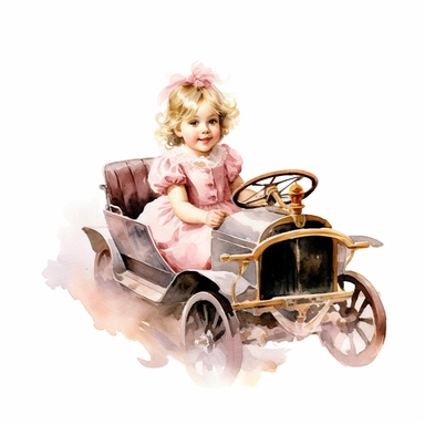Watercolor Victorian baby girl in driving a pink ford t car from the era clipart , on a white background, Illustration clipart, 4K, extremely detailed