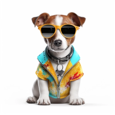 A cute and adorable Jack Russell puppy dressed in vibrant spring clothes and sporty sunglasses is pictured in this image. The level of detail is insane, with every hair and fold in the fabric meticulously rendered to perfection. The puppy stands out against an all-white clipart background, making him the center of attention. The image is so realistic, you can almost feel the soft fur and hear the pup's playful barks. Cinematic lighting enhances the overall beauty of the image, making it a true m
