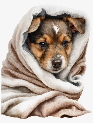 baby dog in a blanket, watercolor clipart, transparent background,