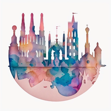 CLIPART OF BARCELONA SKYLINE, WATERCOLOR, FILLED WITH GAUDI MOSAIC. PASTEL COLORS , NO CAPTION