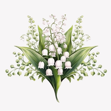 Enchanting spring lily of the valley clipart against a pristine white background. The illustration showcases a bunch of delicate lily of the valley flowers with tiny white bell-shaped blooms and lush green leaves. The white background adds a modern and fresh feel, allowing the lilies of the valley to exude their enchanting beauty. The lighting is subtle and luminous, casting a gentle glow on the flowers. The atmosphere exudes a feeling of elegance and natural grace.