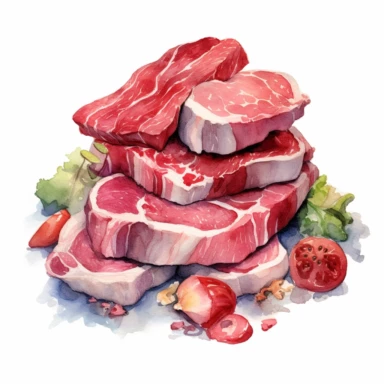 a small pile of insanely beautiful meat, watercolor, bu beatrice potter,clipart on white background