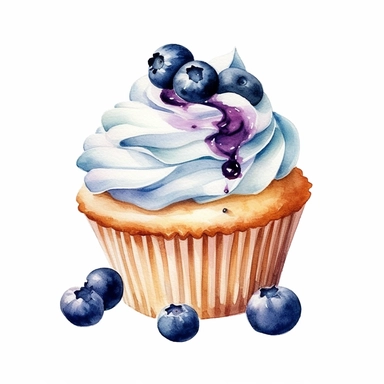 light Watercolor Yummy blueberry cup cake clipart, hd, single object, white background, no text watermark