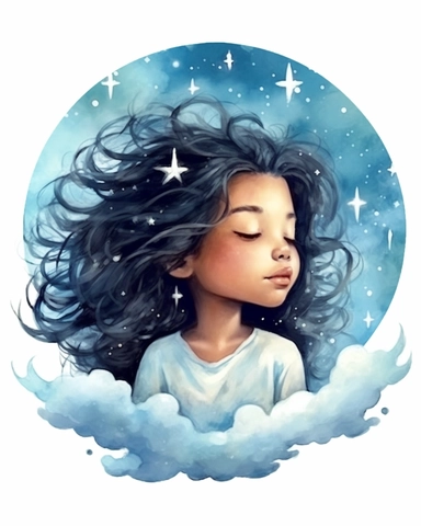 a portrait of a cute black little girl with a luminous dress, eyes shut, mouth closed, long hair, wind, sky, clouds, the moon, moonlight, stars, universe, fireflies, butterflies, watercolor clipart,