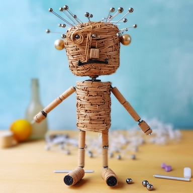 raw minimalist African toy made of corks, capsules, paper clips, wire, rubber bands, tickets, cardboard, cans, sticks, toothpicks, nuts, springs