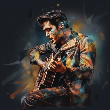 portrait view, full view, beautiful bright colors, beautiful image of Elvis Presley with guitar and microphone, romantic, fantasy, sharp focus, high detail, 8k illustration clipart style, transparent background, (--iw 8)