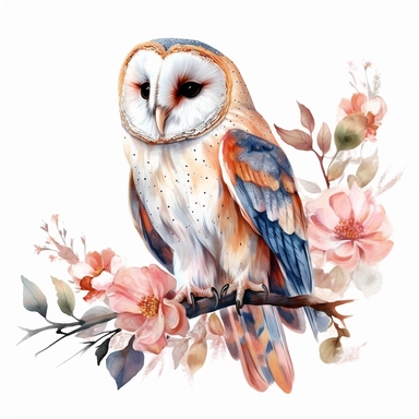 floral barn owl sitting on a branch clipart, watercolor technique, 8k detailed digital art, bright, colorful, soft lightning, sharp clear focus, detailed, sharp, on a white background