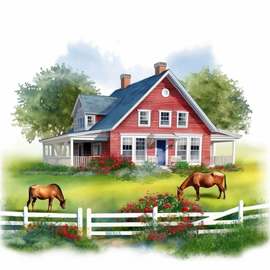 Visualize a clipart-style watercolor illustration of a close up of detailed farmhouse surrounded by wildflowers on a summer day, set against a clean white background. Render the ranch-style farmhouse, painted with vivid blues and bright greens against a clean white background. Render the farmhouse with a red barn and a grazing cow, set against a bright white background. Render the barn and cow in vivid reds and whites, spotlighting rural life. The composition should place the farmhouse centrally