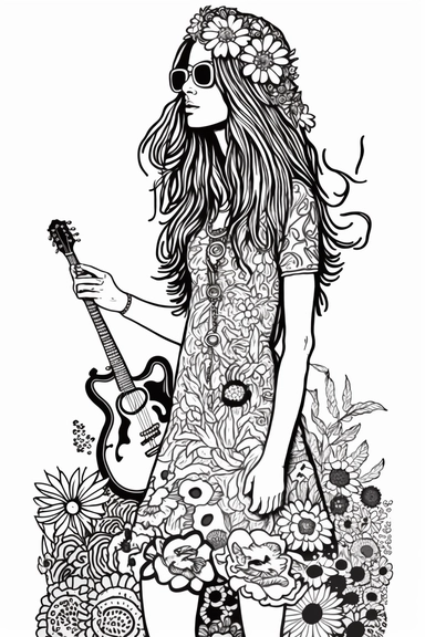Hippie Girl Full body Clipart Flower Power, vector, illustration, cartoon, marvelous, black and white line art adult coloring page, highly detailed, white background