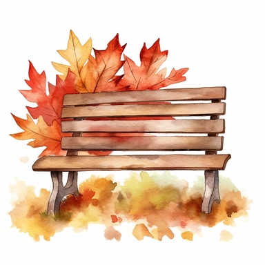 Design a clip art image in a watercolor style showcasing the beauty of autumn, with richly textured leaves in shades of red, orange, and gold, and a rustic wooden bench adorned with subtle watercolor washes. Ensure that the image format is PNG and there is a transparent background style by Lucy Fleming, watercolor, smooth gradients, black contour outline, ultra detailed, clipart elements, delicate pastel colors, solid white background, super clear, high quality