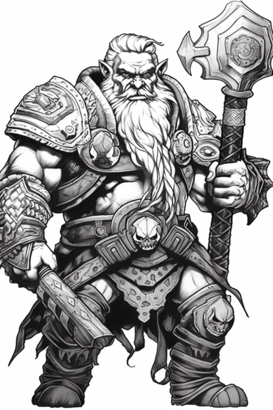 realistic style, bold black lines, fantasy dwarf armies in combat using hammer hitting themed colouring page, bold black lines, clipart, digital art, colouring page for adults
