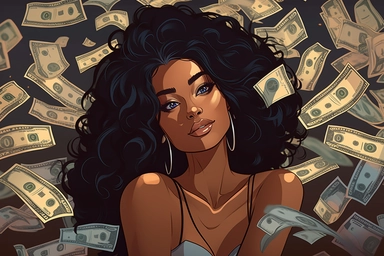 Cartoon Black Skin African American Clipart Plus size Beautiful Rich Woman sitting on the floor full of American dollars having beautiful face long eyelashes and beautiful lips beautiful long hair confident no text