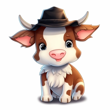 cute happy looking baby cow wearing a cowboy hat cartoon style clipart on white background