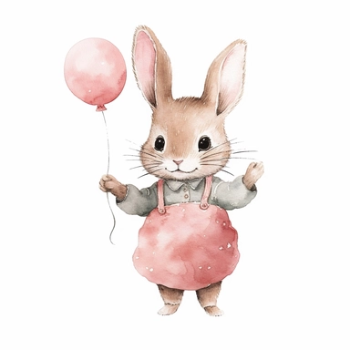 Watercolor svg clipart of a cute cartoon adorable Peter rabbit kawaii animal holding a pink balloon illustration by Beatrix potter , pastel pink dress, png isolated on white background