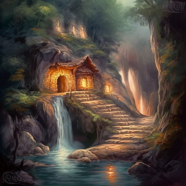 realistic clipart of enchanted pirate cave, digital oil painting