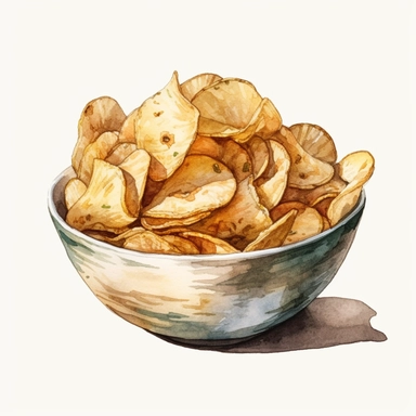 bowl of potato chips clipart, watercolor painting technique, realistic design on a white background, single design, 4K, hi-res, simple design