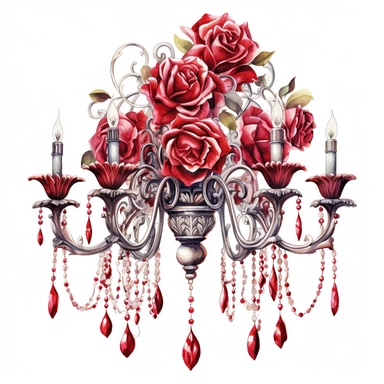 Victorian chandelier with crystal droplets and intricately finished details, embellished with an abundance of vibrant red roses. White background, clipart, watercolor, intricate detail.