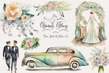 Watercolor clipart, Wedding car, limousine