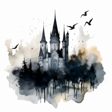 on a white background Illustrate a watercolor clipart of a gothic castle with soaring turrets, looming over a dark and misty forest. The clipart should have a haunting and mysterious feel, with a focus on the castle's intricate details