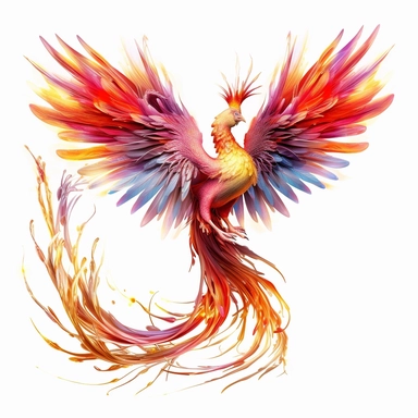 a fairy phoenix with, master of flames, dark red and light yellow, orange, clipart, on white background, ward winning closeup most beautiful , close-up, professional photoshoot, real life , fluid movement, iridescent, ivory and pink-blue , with chaotic background, award winning shot, body in motion. Lot accessories, intricate detailed, hyper realistic, hyper details, neo futuristic glam, rim lighting, dark light, moon night, global neon illumination, moonlight, moon beams, raking light, inner gl
