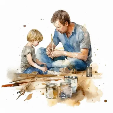 Father and child working on a DIY home improvement project, water color style, clipart, white background